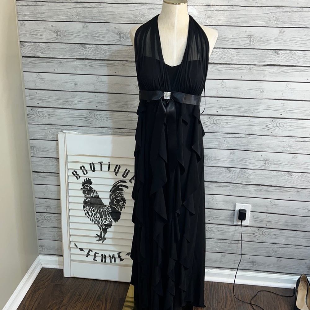 Black Ruffle long gown with sweetheart neckline and sheer overlay